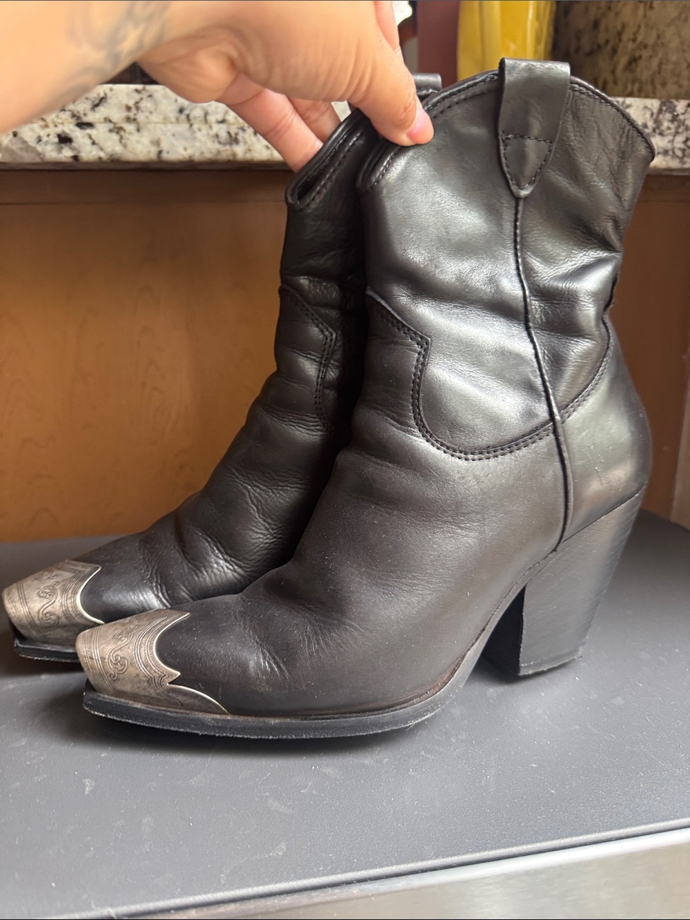 Free People Black Leather Western Ankle Boots with Silver Toe Caps